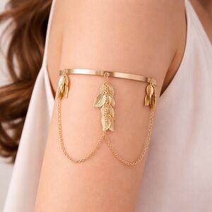 Gold Leaf Arm Cuff Boho Upper Arm Bracelet with Chain Tassels